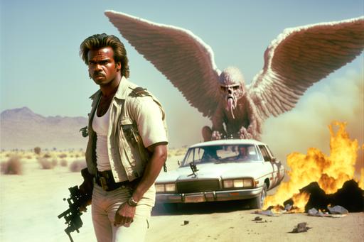 Wes Anderson Movie still from 1987 buddy cop action comedy Lethal Weapon about a seraph angel getting a New partner trying to convert hedens to Christianity starring Mel Gibson and Danny Glover, angel with gun, femme fatale with wings, explosions, car chases, action, family ,mullet, pastel, muted colors, photorealistic, , 8k, Atmospheric, intricate detail, studio lighting, fantasy composition, directed by Wes Anderson --ar 3:2 --chaos 20 --q 2 --v 4