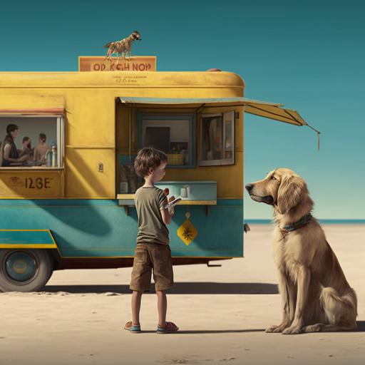 Wes Anderson's style, highly detailed and realistic, sunny day, beach, coffee trailer called wonder, french dessert and coffee displayed on trailer, young boy with hat and glasses standing in front of coffee trailer look straight, golden retriever sitting next to boy, 4k --v 4 --ar 1:1