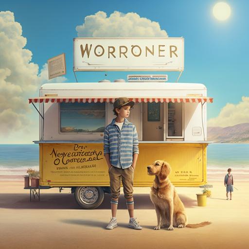 Wes Anderson's style, highly detailed and realistic, sunny day, beach, coffee trailer called wonder, french dessert and coffee displayed on trailer, young boy with hat and glasses standing in front of coffee trailer look straight, golden retriever sitting next to boy, 4k --v 4 --ar 1:1