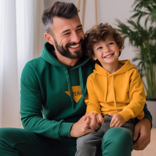 Westen look and cute father and son face to face is ng smiling and a gift celebrate Make sure the image conveys a sense of happiness and warmth. it clear that they are celebrating Father's Day. Choose colors that complement each other, such as a neon green hoodie for the father and a yellow hoodie for the son. lifestyle background. outdoor background son surprise gift for father.