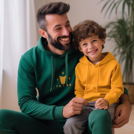 Westen look and cute father and son face to face is ng smiling and a gift celebrate Make sure the image conveys a sense of happiness and warmth. it clear that they are celebrating Father's Day. Choose colors that complement each other, such as a neon green hoodie for the father and a yellow hoodie for the son. lifestyle background. outdoor background son surprise gift for father.