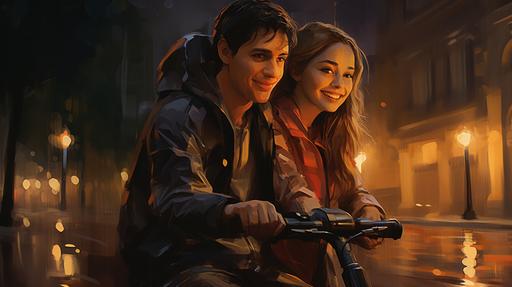Wet street, a teen guy and girl on electric scooter together close-up, late autumn evening --ar 16:9