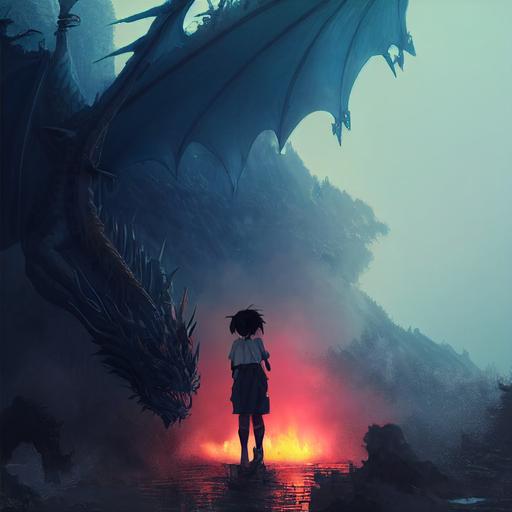 What if Greg Rutkowski started doing art for Studio Ghibli? Like a dragon fighting off a horde of anime girls? dragonpunk, 💀, 🔥, trending on artstation, photorealistic, volumetric, foggy atmosphere --testp --upbeta