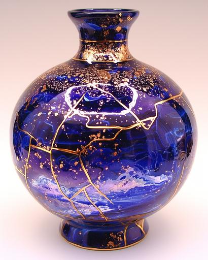 Whimsical Japanese kintsugi art deep blue ceramic rotund vase, covered with colorful glaze, with sparkling golden lines of kintsugi, forming distinctive geometric voronoi diagram patterns, op-art, in the style of Buckminster Fuller. metaphor for healing and redemption, creating a new form of beauty and celebrating the object's history and imperfections, against the backdrop of a minimalist Japanese interior in natural, discreet colors, top side lighting, light amber outlining backlighting --ar 4:5 --niji 6 --style raw --s 750