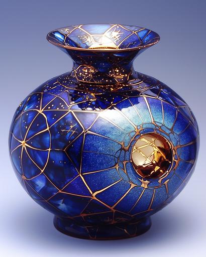 Whimsical Japanese kintsugi art deep blue ceramic rotund vase, covered with colorful glaze, with sparkling golden lines of kintsugi, forming distinctive geometric voronoi diagram patterns, op-art, in the style of Buckminster Fuller. metaphor for healing and redemption, creating a new form of beauty and celebrating the object's history and imperfections, against the backdrop of a minimalist Japanese interior in natural, discreet colors, top side lighting, light amber outlining backlighting --ar 4:5 --niji 6 --style raw --s 750