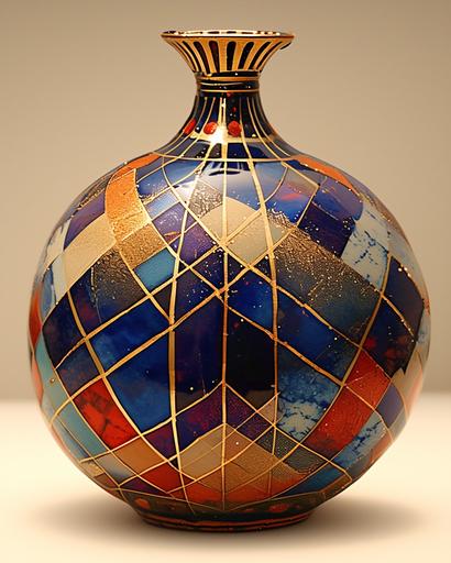 Whimsical Japanese kintsugi art deep blue ceramic rotund vase, covered with colorful glaze, with sparkling golden lines of kintsugi, forming distinctive geometric voronoi diagram patterns, op-art, in the style of Buckminster Fuller. metaphor for healing and redemption, creating a new form of beauty and celebrating the object's history and imperfections, against the backdrop of a minimalist Japanese interior in natural, discreet colors, top side lighting, light amber outlining backlighting --ar 4:5 --niji 6 --style raw --s 750