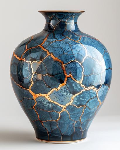 Whimsical Japanese kintsugi art deep blue ceramic rotund vase, covered with colorful glaze, with sparkling golden lines of kintsugi, forming distinctive geometric voronoi diagram patterns, op-art, in the style of Buckminster Fuller. metaphor for healing and redemption, creating a new form of beauty and celebrating the object's history and imperfections, against the backdrop of a minimalist Japanese interior in natural, discreet colors, top side lighting, light amber outlining backlighting --ar 4:5 --s 750 --v 6.0 --style raw