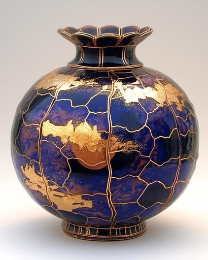 Whimsical Japanese kintsugi art deep blue ceramic rotund vase, covered with colorful glaze, with sparkling golden lines of kintsugi, forming distinctive geometric voronoi diagram patterns, op-art, in the style of Buckminster Fuller. metaphor for healing and redemption, creating a new form of beauty and celebrating the object's history and imperfections, against the backdrop of a minimalist Japanese interior in natural, discreet colors, top side lighting, light amber outlining backlighting --ar 4:5 --niji 6 --style raw --s 750