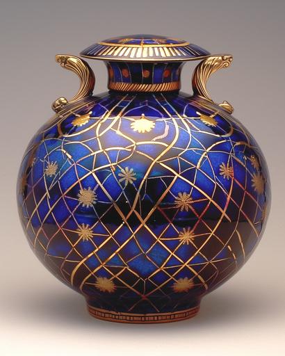 Whimsical Japanese kintsugi art deep blue ceramic rotund vase, covered with colorful glaze, with sparkling golden lines of kintsugi, forming distinctive geometric voronoi diagram patterns, op-art, in the style of Buckminster Fuller. metaphor for healing and redemption, creating a new form of beauty and celebrating the object's history and imperfections, against the backdrop of a minimalist Japanese interior in natural, discreet colors, top side lighting, light amber outlining backlighting --ar 4:5 --niji 6 --style raw --s 750