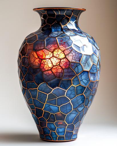 Whimsical Japanese kintsugi art deep blue ceramic rotund vase, covered with colorful glaze, with sparkling golden lines of kintsugi, forming distinctive geometric voronoi diagram patterns, op-art, in the style of Buckminster Fuller. metaphor for healing and redemption, creating a new form of beauty and celebrating the object's history and imperfections, against the backdrop of a minimalist Japanese interior in natural, discreet colors, top side lighting, light amber outlining backlighting --ar 4:5 --s 750 --v 6.0 --style raw