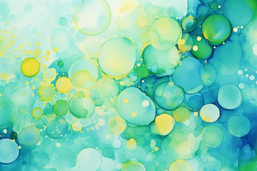 Whimsical Stunning Illustration of the Texture of Bubbles Watercolor Background, blue, green, yellow, sparkling, wallpaper, --ar 3:2