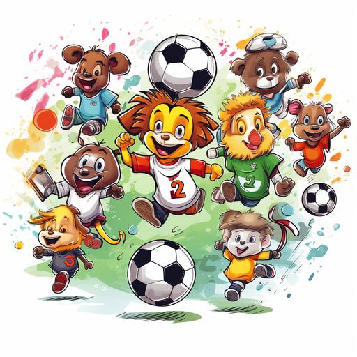 Whimsical and vibrant design featuring adorable cartoon animals playing football, set against a backdrop of playful colors and cheerful patterns. Perfect for little sports enthusiasts! Kid-friendly football shirt graphic, vector, contour, white background