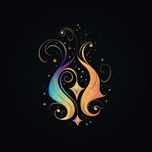 Whimsical magical logo using AI to write, black background and light poping colors