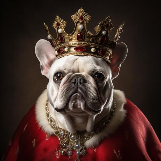 White, Fluffy French Bulldog with a red royal cape and a crown close up