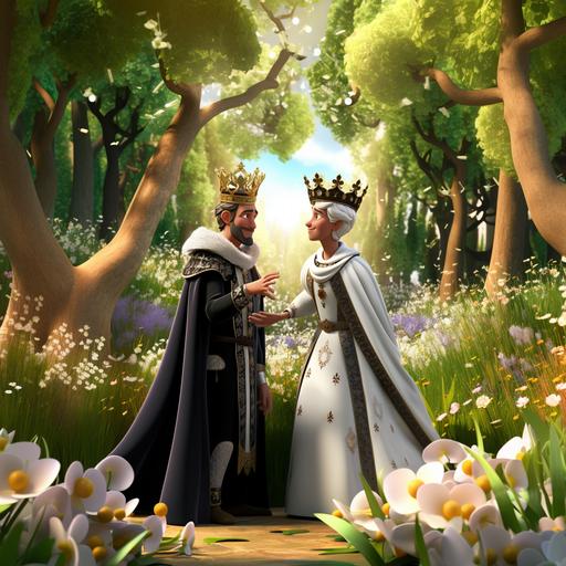 White King dressing white royal clothes and white crown meet Black King wearing black royal clothes and black crown happily talking in the forest, colorfull flowers on both side. Wearing white crown, whiteclothes,face look like actor Anthony Hopkins, white medieval heritage clothes, Children book style, Disney Style, 3D animation, extreme illustration, a storybook illustration, Dream factory , 8K,--aspect 7:4