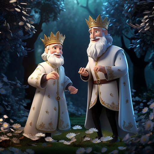 White King with white beard, dressing white royal clothes and white crown meet Black King black beard,wearing black royal clothes and black crown happily talking in the forest, colorfull flowers on both side. Wearing white crown, whiteclothes,face look like actor Anthony Hopkins, white medieval heritage clothes, Children book style, Disney Style, 3D animation, extreme illustration, a storybook illustration, Dream factory , 8K,--aspect 7:4