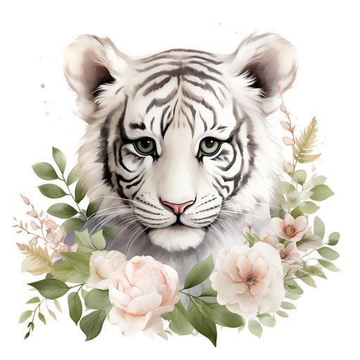 White Tiger Watercolor Clipart Wild Baby Tiger Spring Flowers PNG Commercial Use Cute Baby Tiger Flowers PNG Safari Illustration Tiger Print
