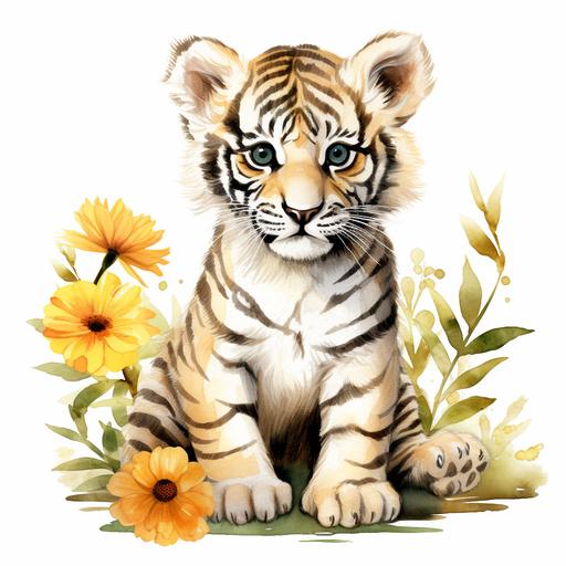 White Tiger Watercolor Clipart Wild Baby Tiger sunflowers PNG Commercial Use Cute Baby Tiger Flowers PNG Safari Illustration Tiger Print