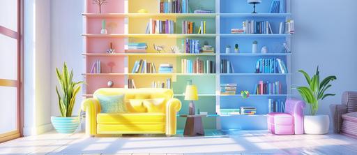 White background 3D photo colorful bookshelf --ar 30:13