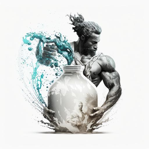 White background 4k man holding big ancient jar of water pouring down Aquarius zodiac sign logo