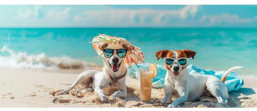 White background Photo of two dogs wearing sunglasses relaxing with cocktails on the ocean sand at a beach resort. --ar 30:13