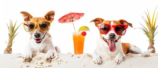 White background Photo of two dogs wearing sunglasses relaxing with cocktails in the sand at a beach resort. --ar 30:13