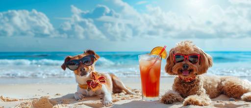 White background Photo of two dogs wearing sunglasses relaxing with cocktails on the ocean sand at a beach resort. --ar 30:13