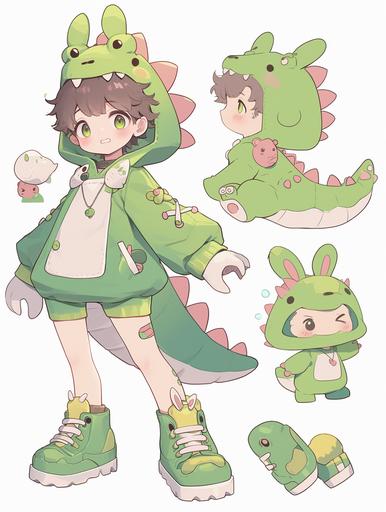 White background, character sheet, bubble mart, 2D animation, full body, A cute 24-year-old boy in green cartoon dinosaur doll costume, gloves and shoes are big and separated from main cloth, with taupe brown fluffy hair, cute bunny teeth, wry smile, with a small pink bunny necklace on neck, 8K quality --ar 3:4 --niji 6