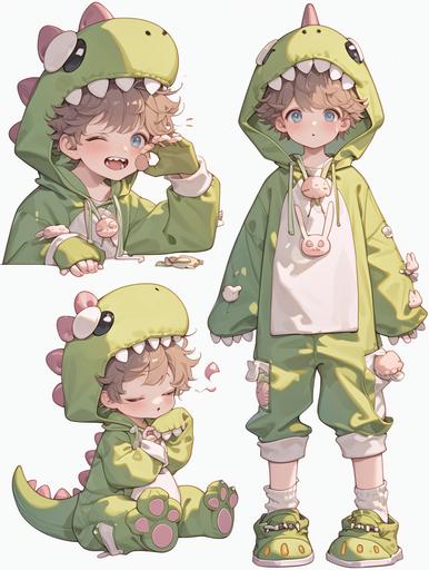 White background, character sheet, bubble mart, 2D animation, full body, head and body is 1:1 size, A cute boy in green cartoon dinosaur doll costume, big gloves and shoes are big and separated from main cloth, with taupe brown fluffy hair, cute bunny teeth, wry smile, with a small pink bunny necklace on neck, 8K quality --ar 3:4 --niji 6