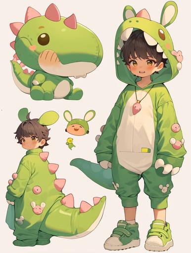 White background, character sheet, bubble mart, 2D animation, full body, A cute 24-year-old boy in green cartoon dinosaur doll costume, gloves and shoes are big and separated from main cloth, with taupe brown fluffy hair, cute bunny teeth, wry smile, with a small pink bunny necklace on neck, 8K quality --ar 3:4 --niji 6