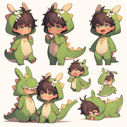 White background, chibi boy, character sheet, bubble mart, 2D chibi illustration, full body, head and body is 1:1 size, A cute boy in green cartoon dinosaur doll costume, gloves and shoes are big and separated from main cloth, with taupe brown fluffy hair, cute bunny teeth, wry smile, 8K quality --ar 1:1 --niji 6
