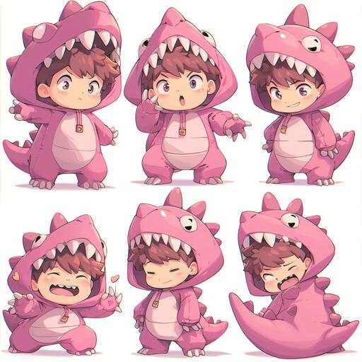 White background, chibi boy, character sheet, bubble mart, 2D animation, full body, head and body have same height and width, A cute boy in pink cartoon dinosaur doll costume, gloves and shoes are big and separated from main cloth, with taupe brown fluffy hair, cute bunny teeth, wry smile, 8K solution --ar 1:1 --niji 6