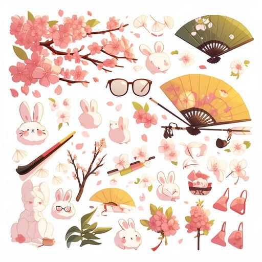 White background, kawaii style, sticker sheet, 2D animation, spring outing objects, Ginkgo leaves in spring, Fresh rosemary, cute skull, war flag, traditional wood fan, a pair of glasses, fluffy bunny doll, light green and pink and other colors representing Spring, object only, no character, 8K solution --ar 1:1 --niji 6