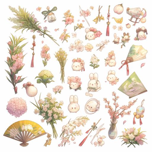 White background, kawaii style, sticker sheet, 2D animation, spring outing objects, Ginkgo leaves in spring, Fresh rosemary, cute skull, war flag, traditional wood fan, a pair of glasses, fluffy bunny doll, light green and pink and other colors representing Spring, object only, no character, 8K solution --ar 1:1 --niji 6