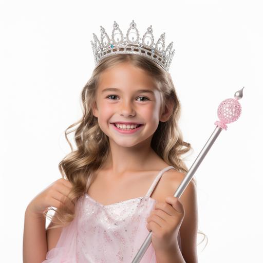 White background photo of 8 year old girl smiling with toy crown and wand dressed as princess High resolution image with fine details 4k