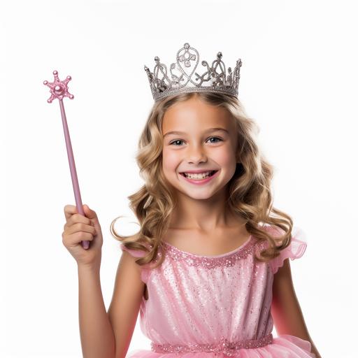 White background photo of 8 year old girl smiling with toy crown and wand dressed as princess High resolution image with fine details 4k