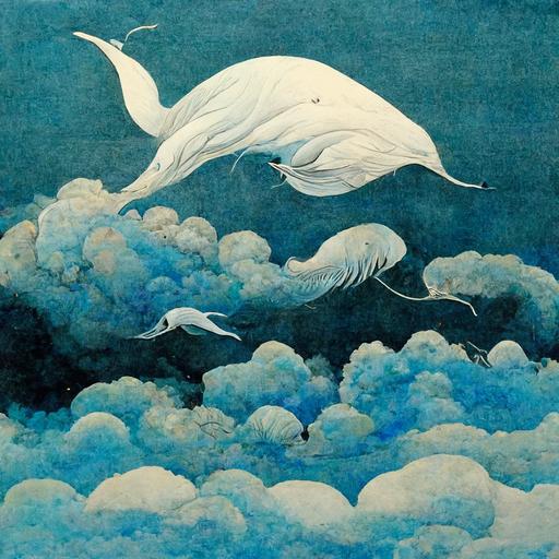 White clouds, giant whales flying among the white clouds, white clouds dancing like ribbons, sky blue whales, whales with tattoos, Miyazaki's style, birds, leisurely and brigh