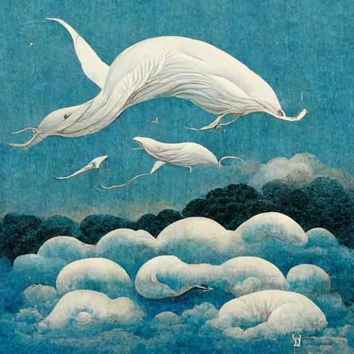 White clouds, giant whales flying among the white clouds, white clouds dancing like ribbons, sky blue whales, whales with tattoos, Miyazaki's style, birds, leisurely and brigh