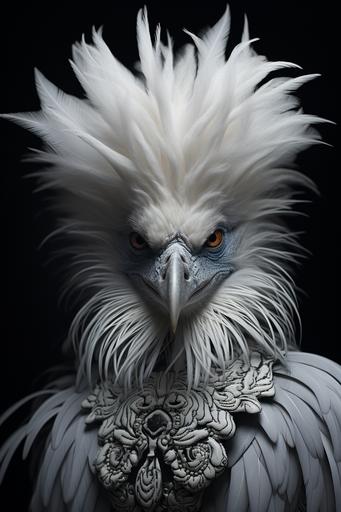 (White crested black Polish chicken)::1.3 haute couture plumage --s 500 --ar 2:3