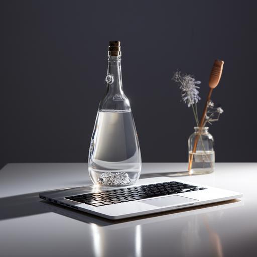 White desktop, a transparent colorless controlled glass bottle