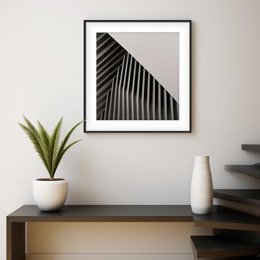White framed square poster with black borders on a modern wall, perfect square poster, close up, detailed. --style raw --ar 1:1 --v 5.2