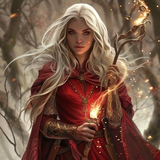 White haired Elven woman wizard in red robes Krynn.