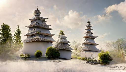 White painted traditional japanese oriental pagodas and house, 8k, Realistic, High resolution photorealistic, Color, Full Scale to Adjust, Intricate detail, Cinematic lighting, Intricate detail, unreal machine, --ar 16:9
