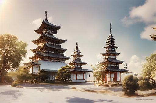 White painted traditional japanese oriental pagodas and house, 8k, Realistic, High resolution photorealistic, Color, Full Scale to Adjust, Intricate detail, Cinematic lighting, Intricate detail, unreal machine, --ar 16:9 --test --creative --upbeta