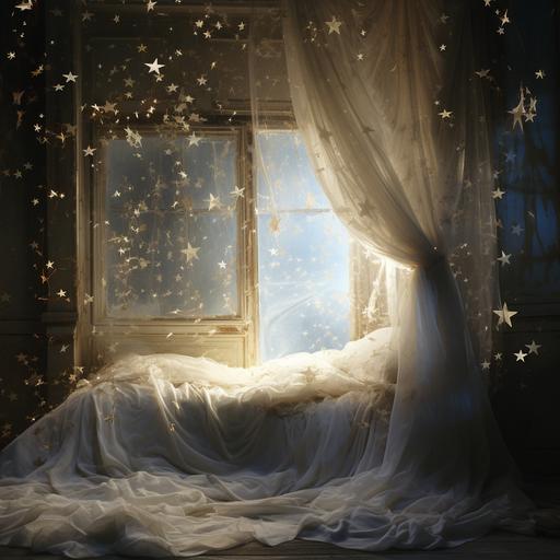 White room, scattered white stars, light seen through lace curtains, white bed