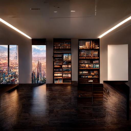 White wall office with one wall of dark wood bookshelves, a big dark wood desk, Las Vegas skyline and lights in the floor to ceiling windows, highly detailed, intricate, cinematic lighting, hyperreal, 8k, UHDR, 3D rendering, modern, ar — 16:9