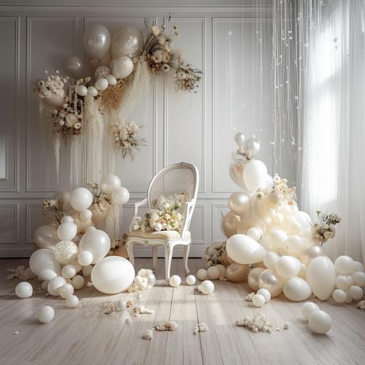White wedding background,indoor,white yarn,Aestheticism,cosmic,European style indoor scenes,Light Champagne Balloon --v 5 --q 2 --s 750
