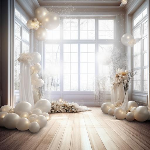 White wedding background,indoor,white yarn,Aestheticism,cosmic,European style indoor scenes,Light Champagne Balloon --v 5 --q 2 --s 750