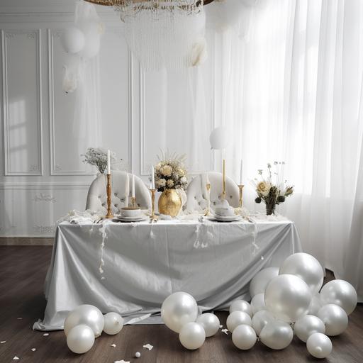 White wedding background,indoor,white yarn,Aestheticism,cosmic,European style indoor scenes,Champagne Balloon,Rectangular tablecloth,frontal --v 5 --q 2 --s 750