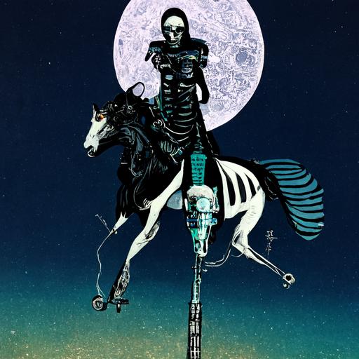 Death Tarot Card in futuristic style, cyberpunk feel, rider Waite, skeleton on white horse with moon in background shining